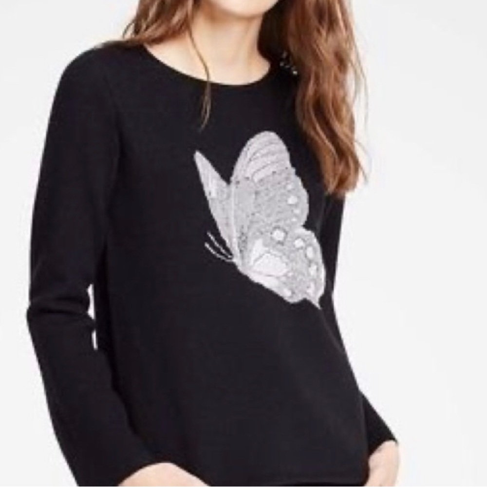 Ann Taylor Black Wool Blend Sweater with Silver Butterfly Design